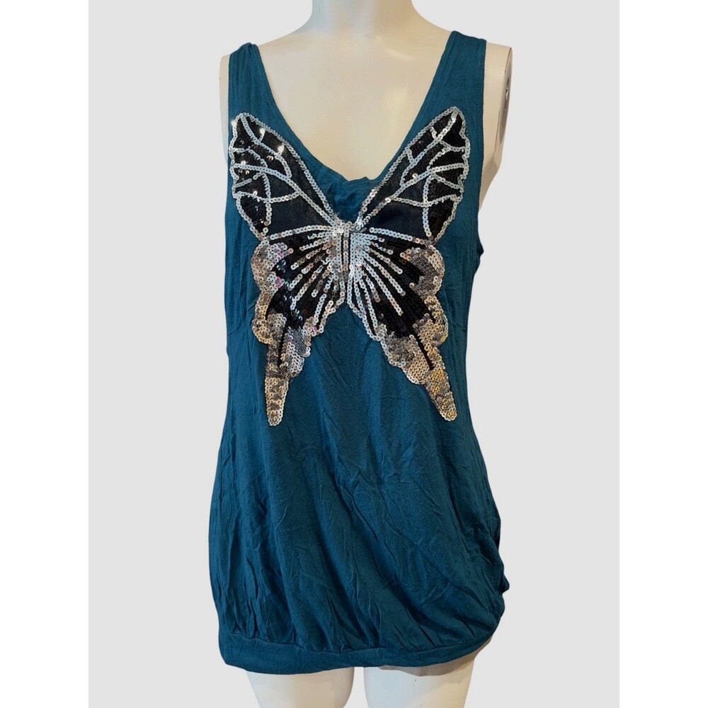 Vintage Deep turquoise  top‎ with large sequinned butterfly front size M Y2K top